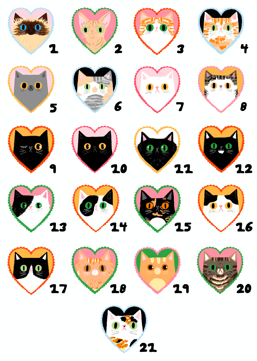 A sheet of 21 heart-shaped cat face stickers or patches numbered 1 through 21 on a white background. Each heart contains a different colorful cat illustration, including black, white, orange, pink, green, and brown tones.