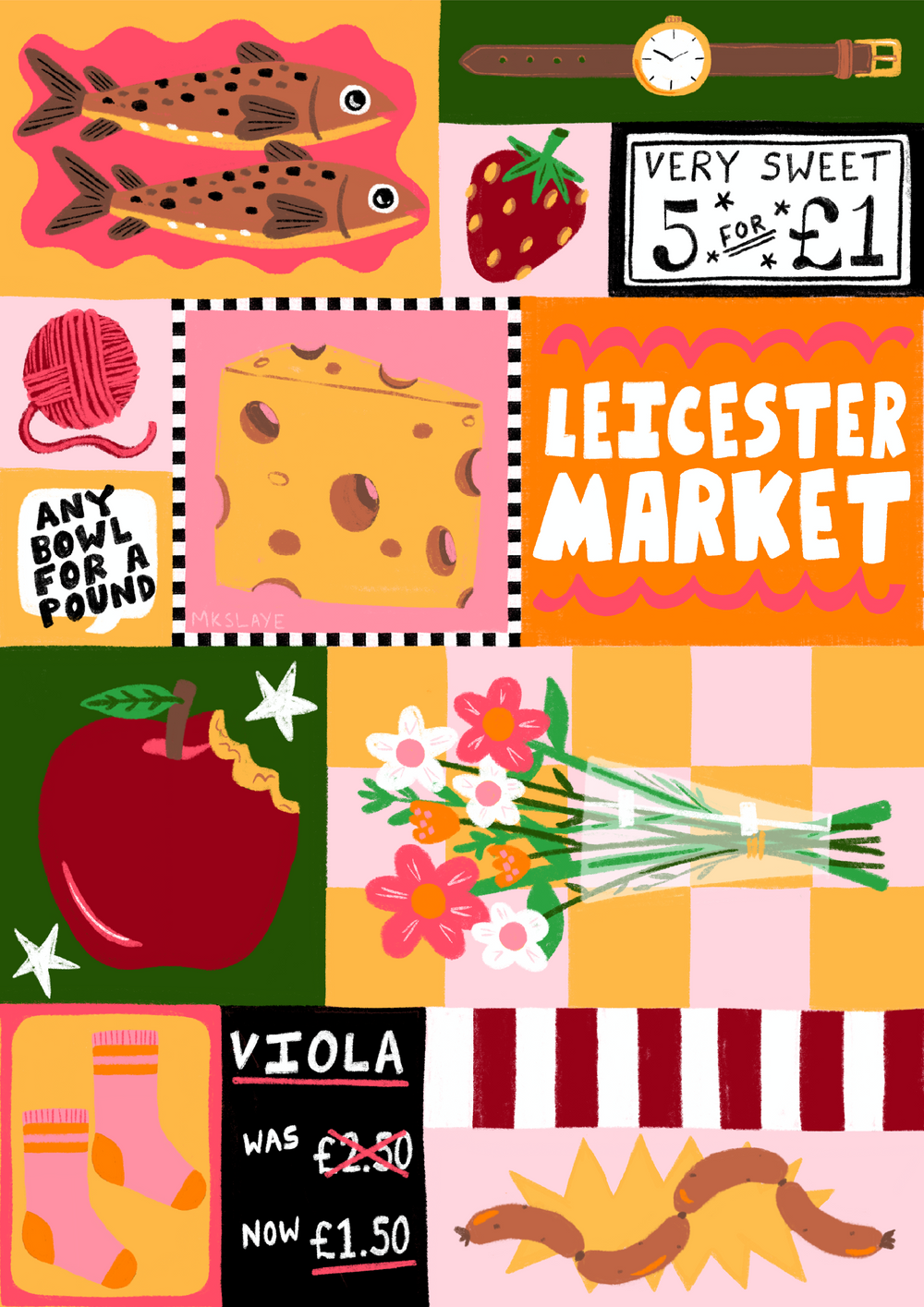 A colorful illustrated collage with multiple cartoon-style panels: two fish, a strawberry, a clock, a sweater, a slice of cheese, a price sign reading 'VERY SWEET 5 for £1', large text reading 'LEICESTER MARKET', a red apple, flowers, socks, a price notice for 'VIOLA', and striped and wavy graphic elements.