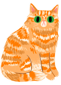 A stylized illustration of an orange tabby cat with green eyes sitting on a plain white background.