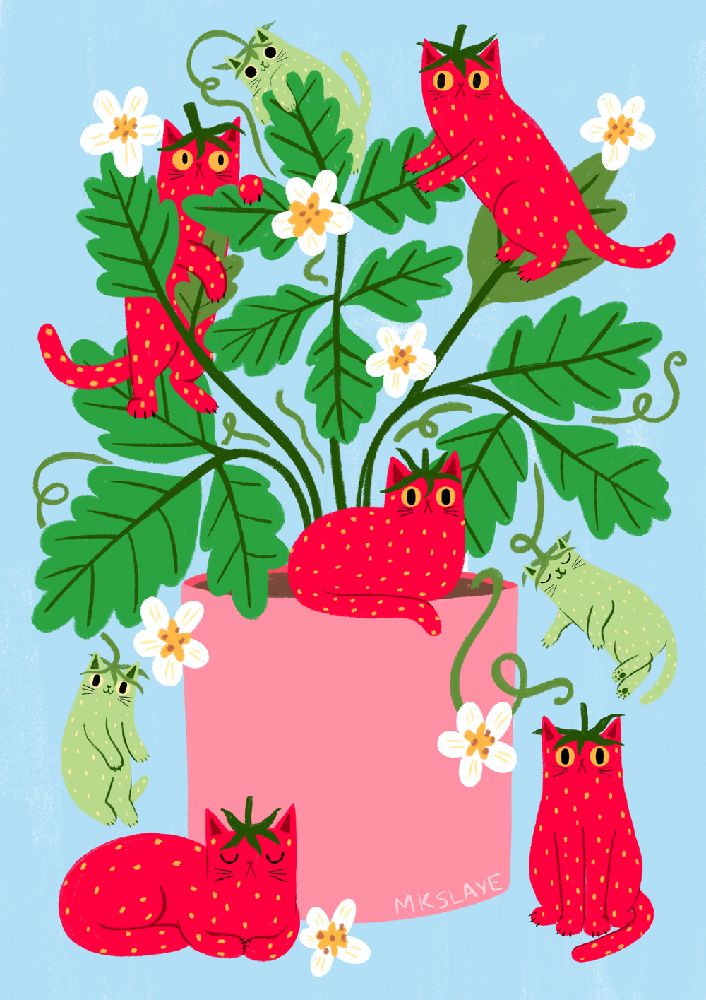 A whimsical illustration of red cats styled like strawberries, climbing and resting on a pink planter surrounded by green leaves and white flowers against a light blue background. The artist's signature 'Mikslane' is visible on the pot.