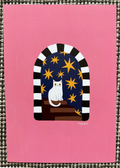 Awhimsical illustration of a white cat sitting on a window ledge under a starry night sky, framed by a black and white striped arch. The card is photographed flat against a textured gray woven background.