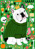 A whimsical illustrated French bulldog wearing a green knit sweater, surrounded by playful doodles and icons on a bright green background.