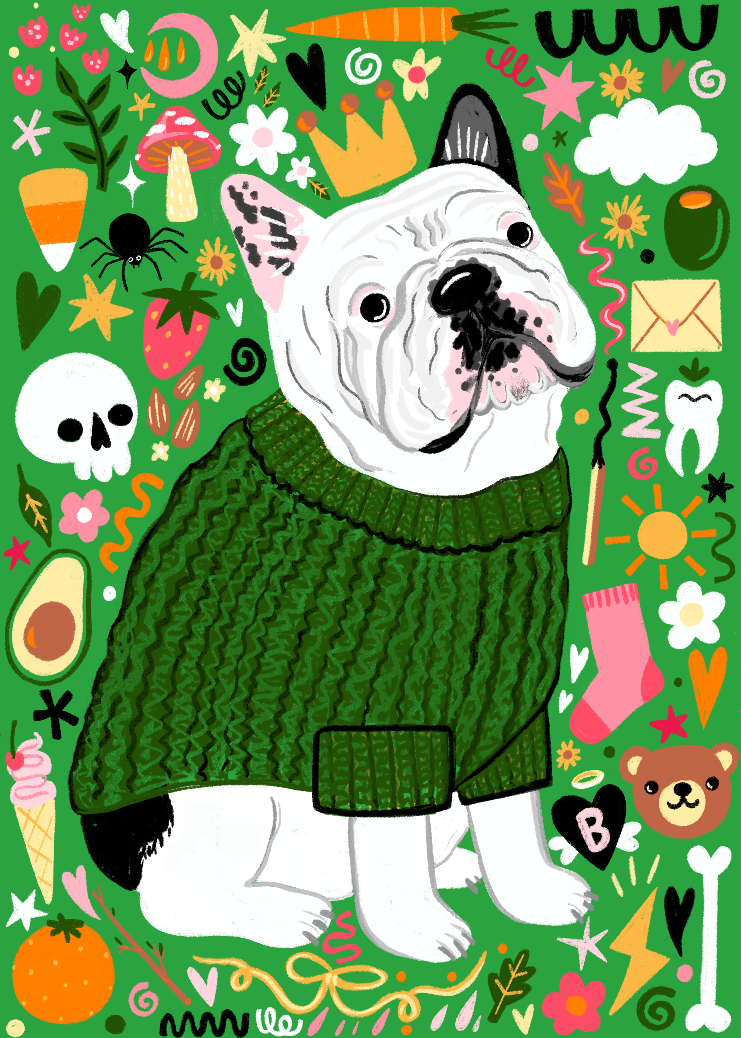 A whimsical illustrated French bulldog wearing a green knit sweater, surrounded by playful doodles and icons on a bright green background.