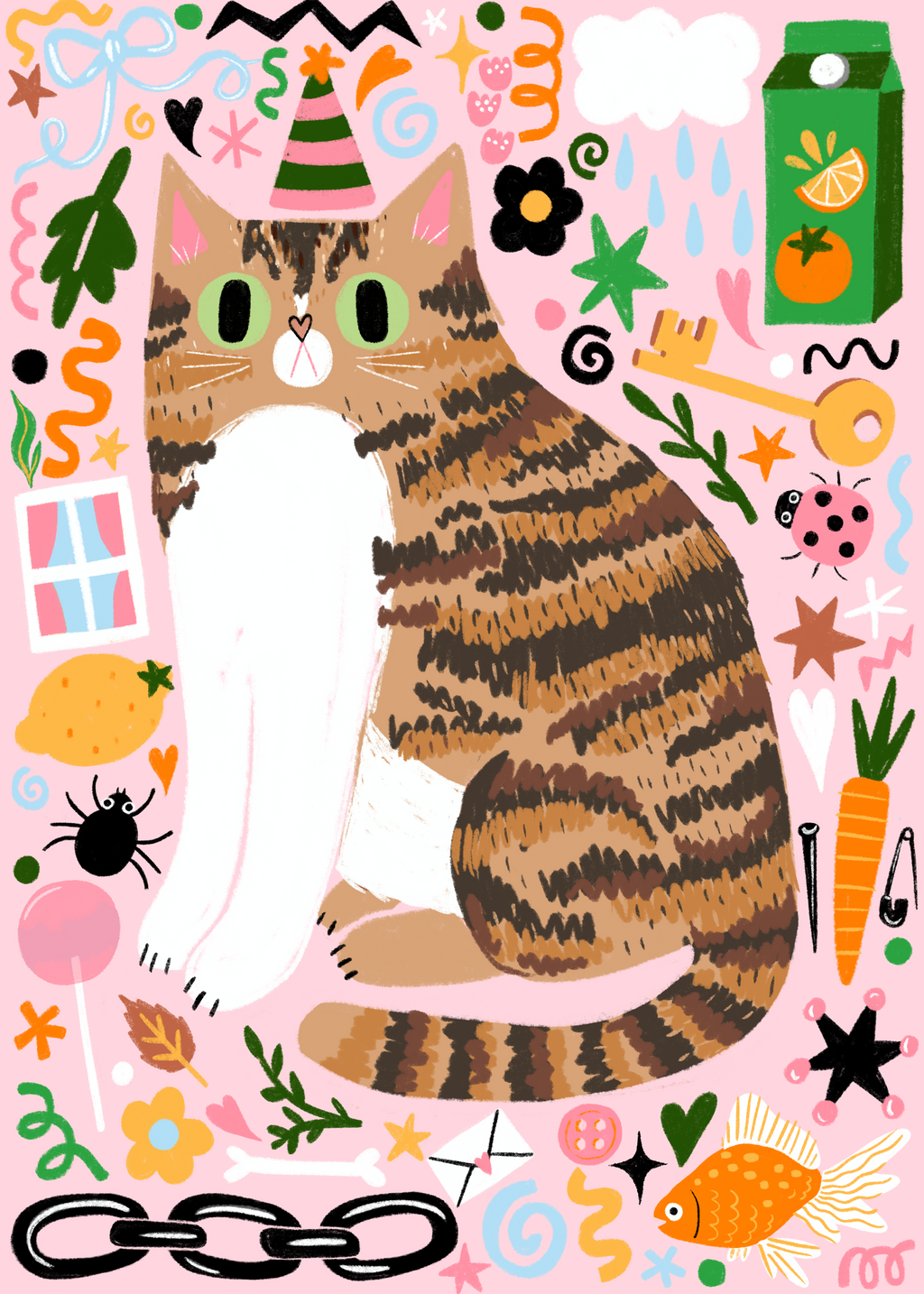 A whimsical illustrated cat surrounded by colorful party and summer-themed doodles on a pink background, including a party hat, stars, clouds, a juice box, a key, a carrot, a spider, a fish, and abstract shapes.