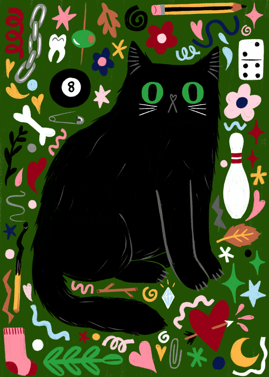 A colorful illustrated black cat centered on a dark green background, surrounded by playful doodled objects including a 8-ball, bowling pins, a pink sock, stars, hearts, leaves, and abstract shapes.