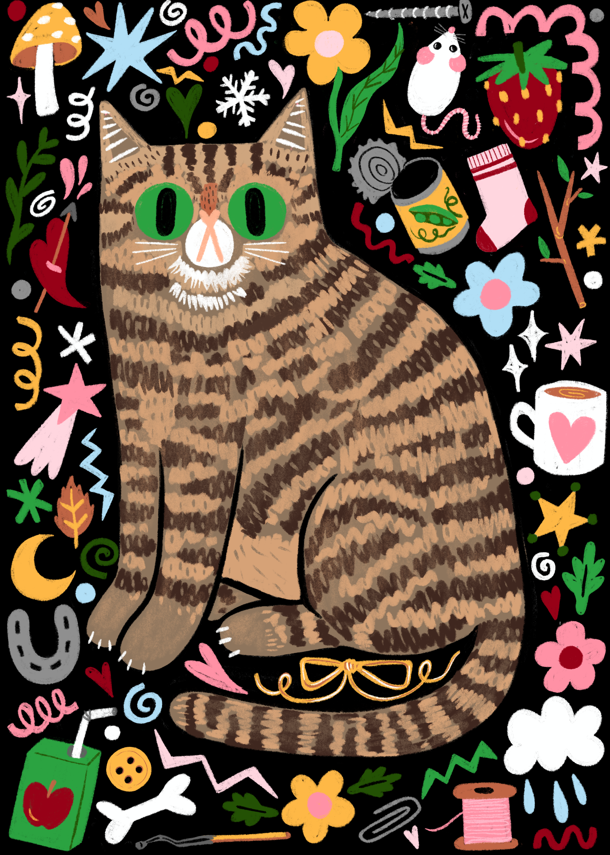 A whimsical illustrated cat sitting in the center on a black background, surrounded by colorful doodled motifs including flowers, stars, a strawberry, a mug with a heart, a moon, and small sewing-themed items. The cat is brown tabby with green eyes and a pink nose.