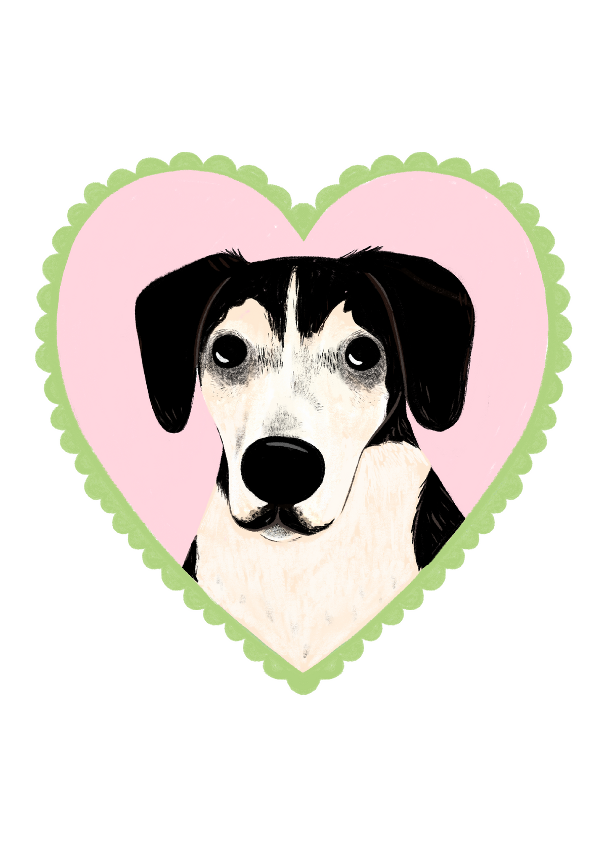 A stylized heart-shaped graphic featuring a black-and-white dog portrait centered on a pink background with a light green scalloped border, shown on a plain white background.