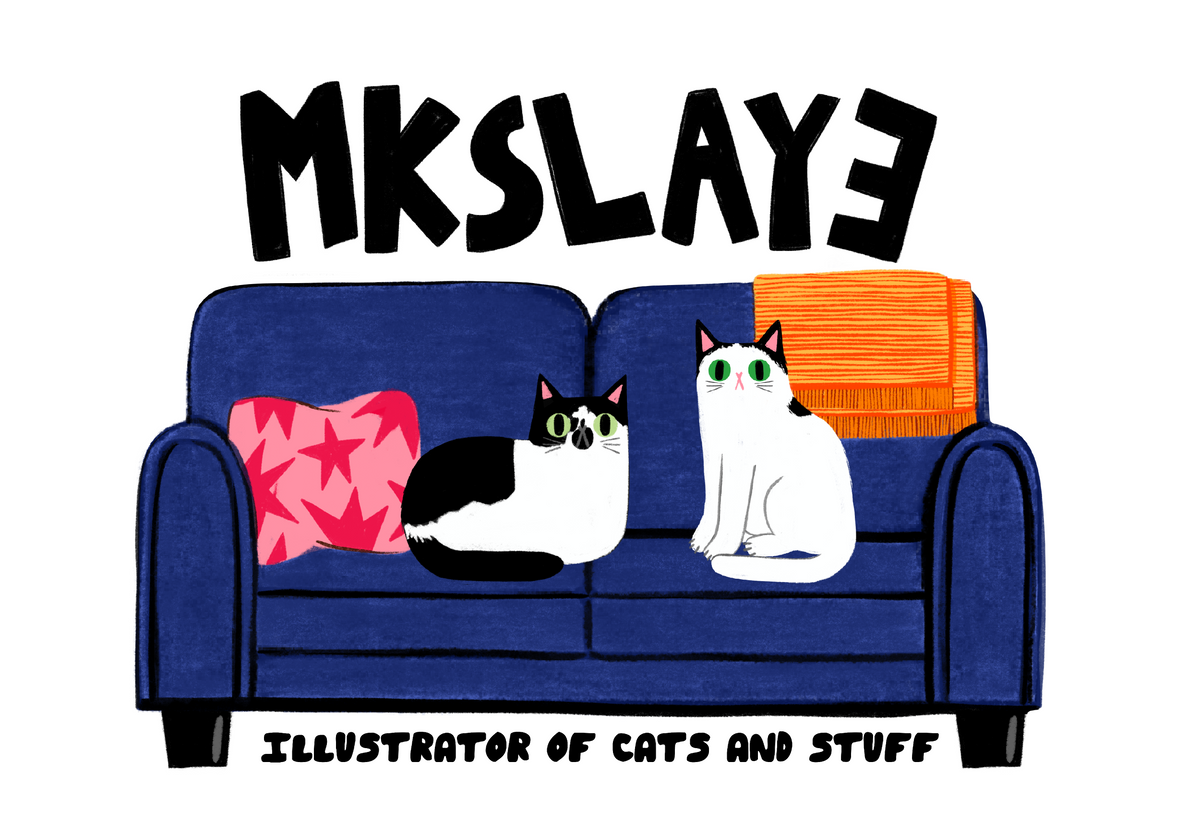 A stylized illustration of two cats sitting on a blue sofa, with a pink star-patterned pillow on the left and an orange blanket on the right. Large black text at the top reads 'MKSLAYE', and smaller text at the bottom reads 'ILLUSTRATOR OF CATS AND STUFF'.